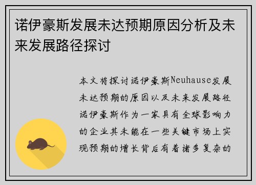 诺伊豪斯发展未达预期原因分析及未来发展路径探讨